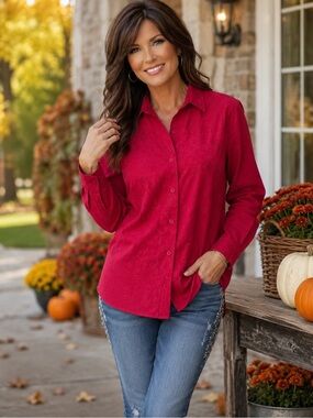 Red embroidered button shirt